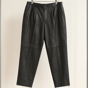 VTG Harvé Benard Genuine Leather Pants Black High Rise Pleated Zip Hem Tapered